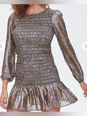 Forever 21 Brown and Black Animal-Print Smocked Metallic Mini Dress